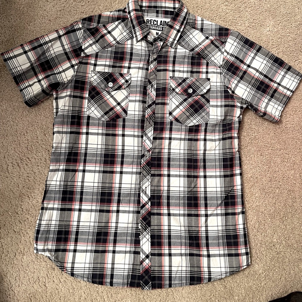 Brand is Reclaim standard fit in medium it is whit with blue and red tones plaid